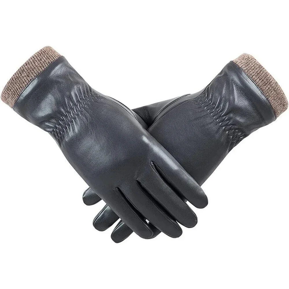 Women's  Dark Grey Winter Leather Gloves Wool Fleece Lined Thermal Touchscreen